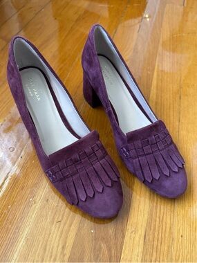 Like New Cole Haan Women's Deep Purple Suede Block Heel Loafers with Fringe 8